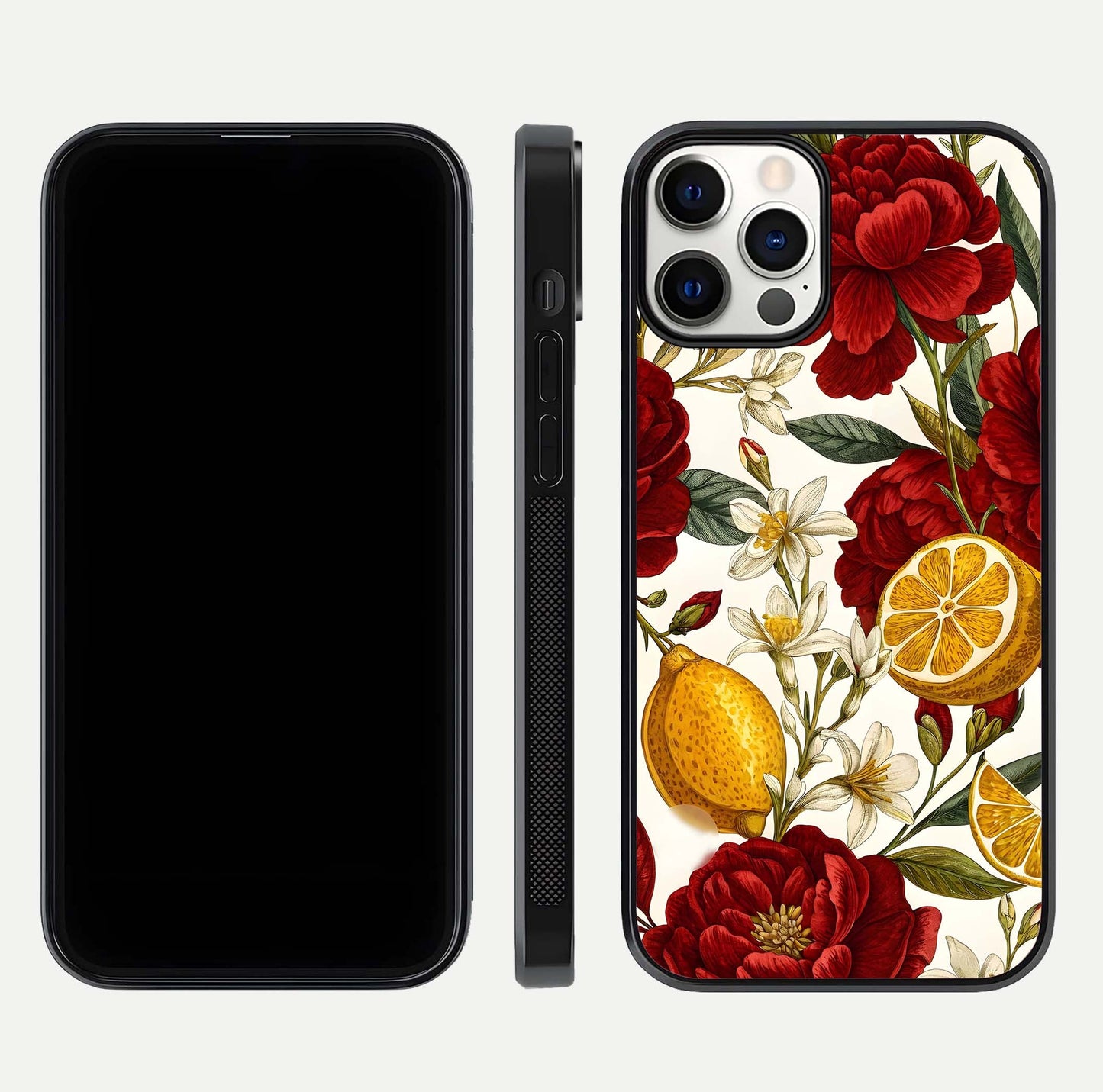 Lemon Rose Charm Glass Case for iPhone 12 Pro front & back layout highlighting soft yellow tones and curved edges