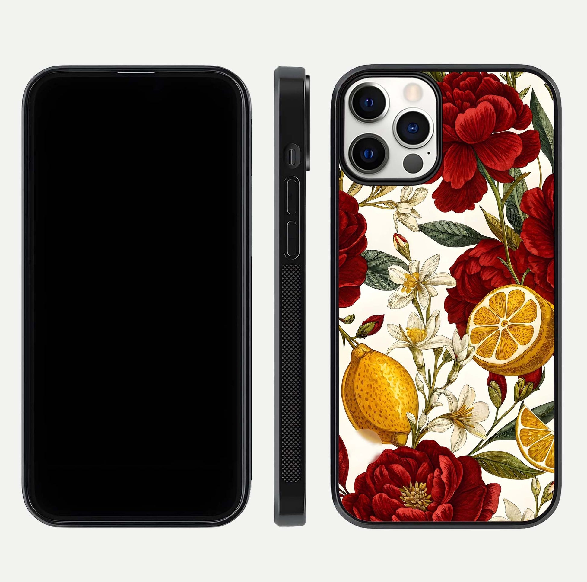 Lemon Rose Charm Glass Case for iPhone 12 Pro front & back layout highlighting soft yellow tones and curved edges