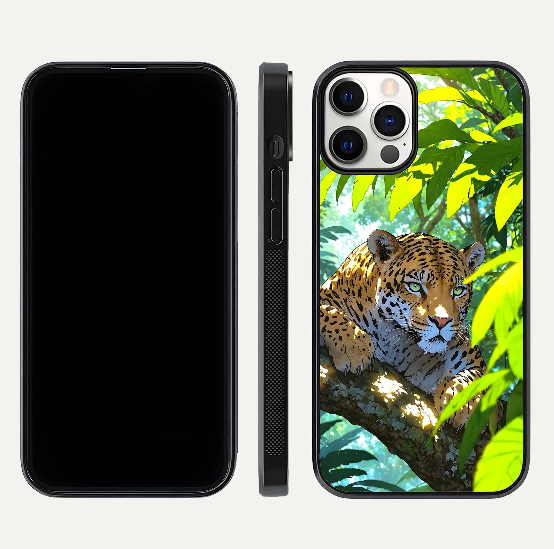 Leopard in Jungle Glass Case for iPhone 12 Pro front & back layout with premium edge detailing and vivid jungle art