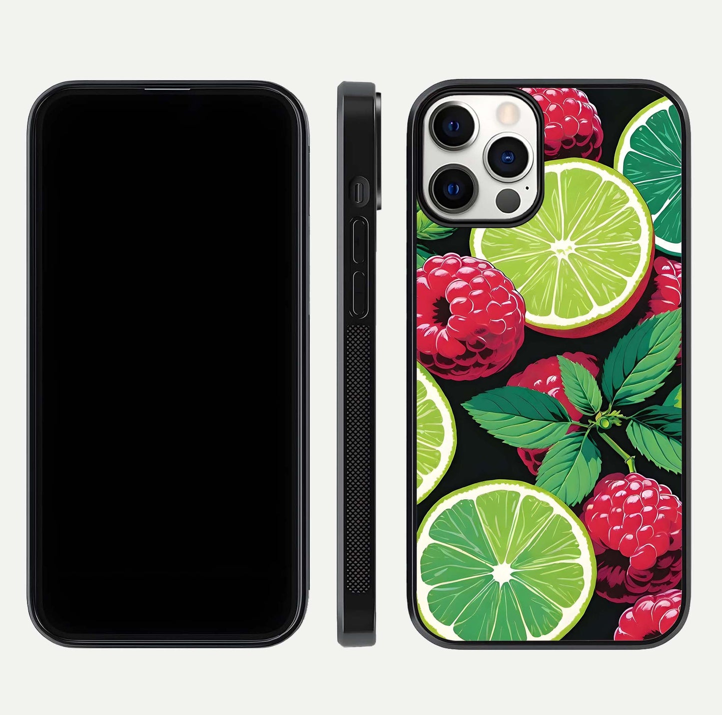 Lime and Raspberry Pattern Glass Case for iPhone 12 Pro front & back layout highlighting fresh summer tones