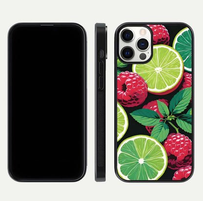Lime and Raspberry Pattern Glass Case for iPhone 12 Pro front & back layout highlighting fresh summer tones