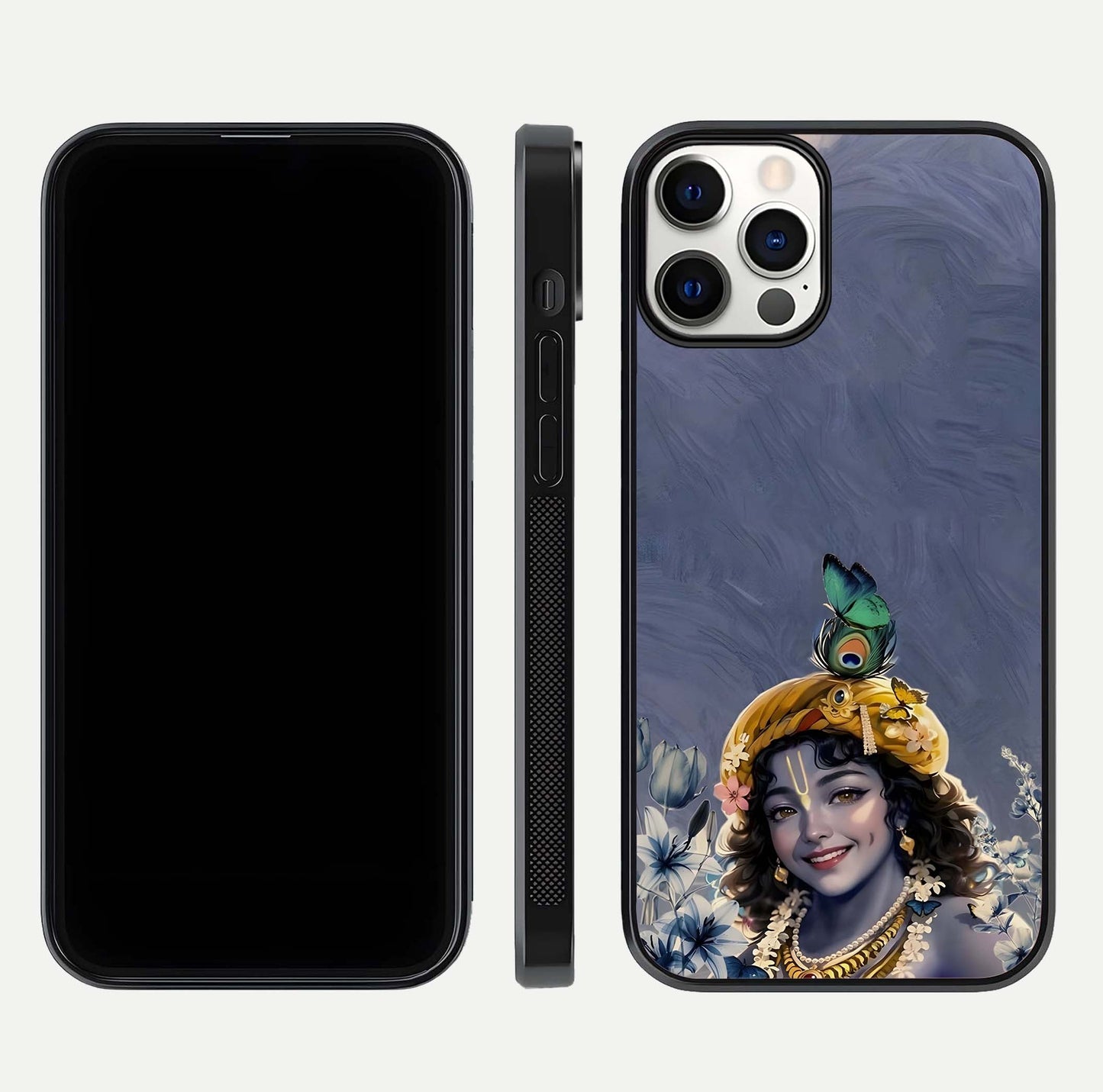 Lord Krishna Glass Case for iPhone 12 Pro front & back layout displaying soft tones and elegant edges