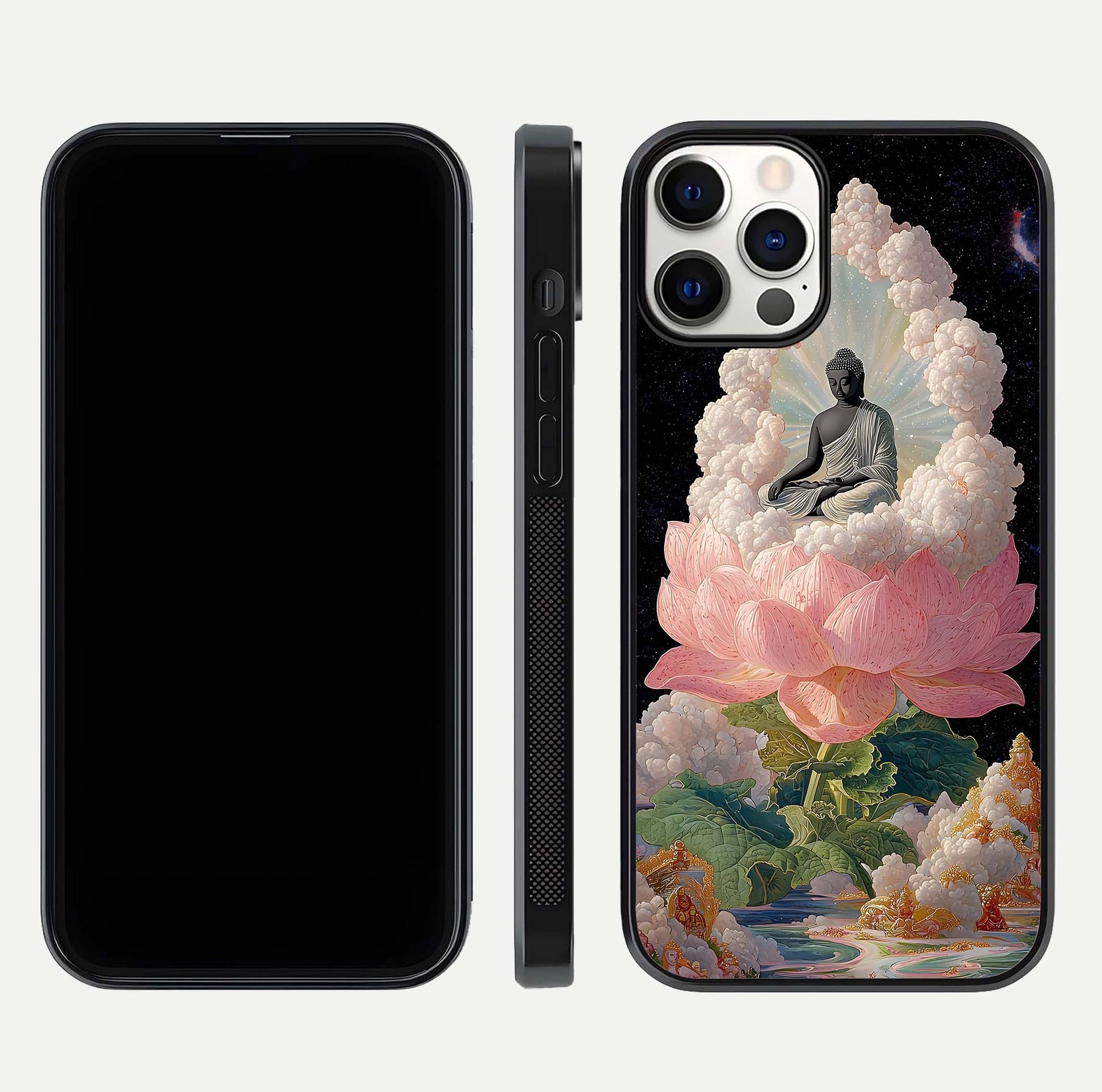 Lotus Divine Peace Glass Case for iPhone 12 Pro front & back layout highlighting soft pink hues and curved edges