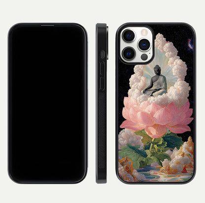Lotus Divine Peace Glass Case for iPhone 12 Pro front & back layout highlighting soft pink hues and curved edges
