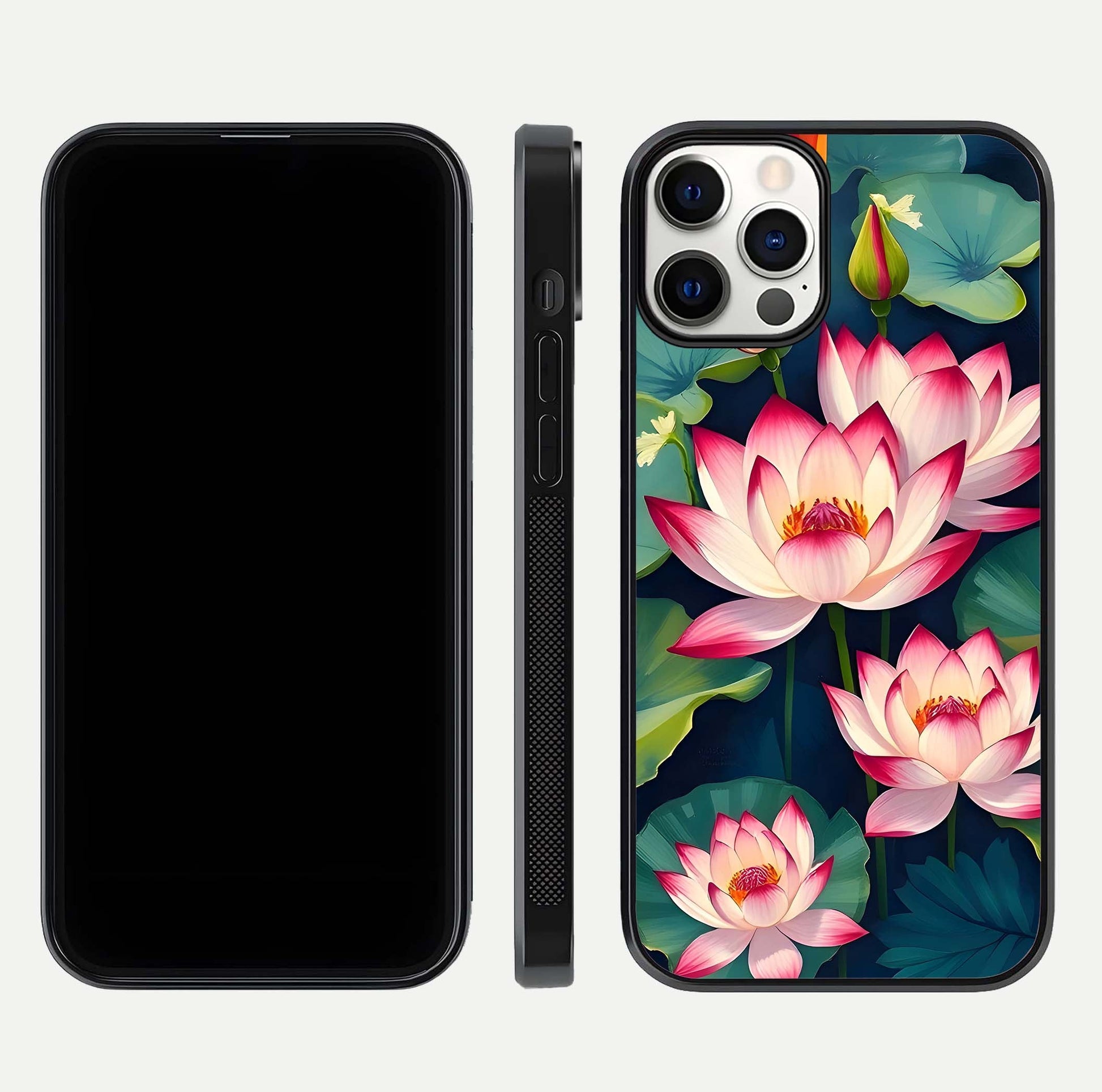 Lotus Dream Serenity Glass Case for iPhone 12 Pro front & back layout with elegant finish and edge curve