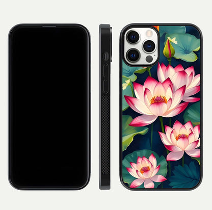 Lotus Dream Serenity Glass Case for iPhone 12 Pro front & back layout with elegant finish and edge curve