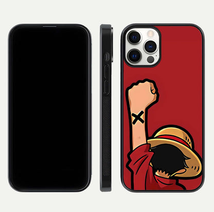 Luffy X Spirit Glass Case for iPhone 12 Pro front & back layout displaying anime theme and curved edges
