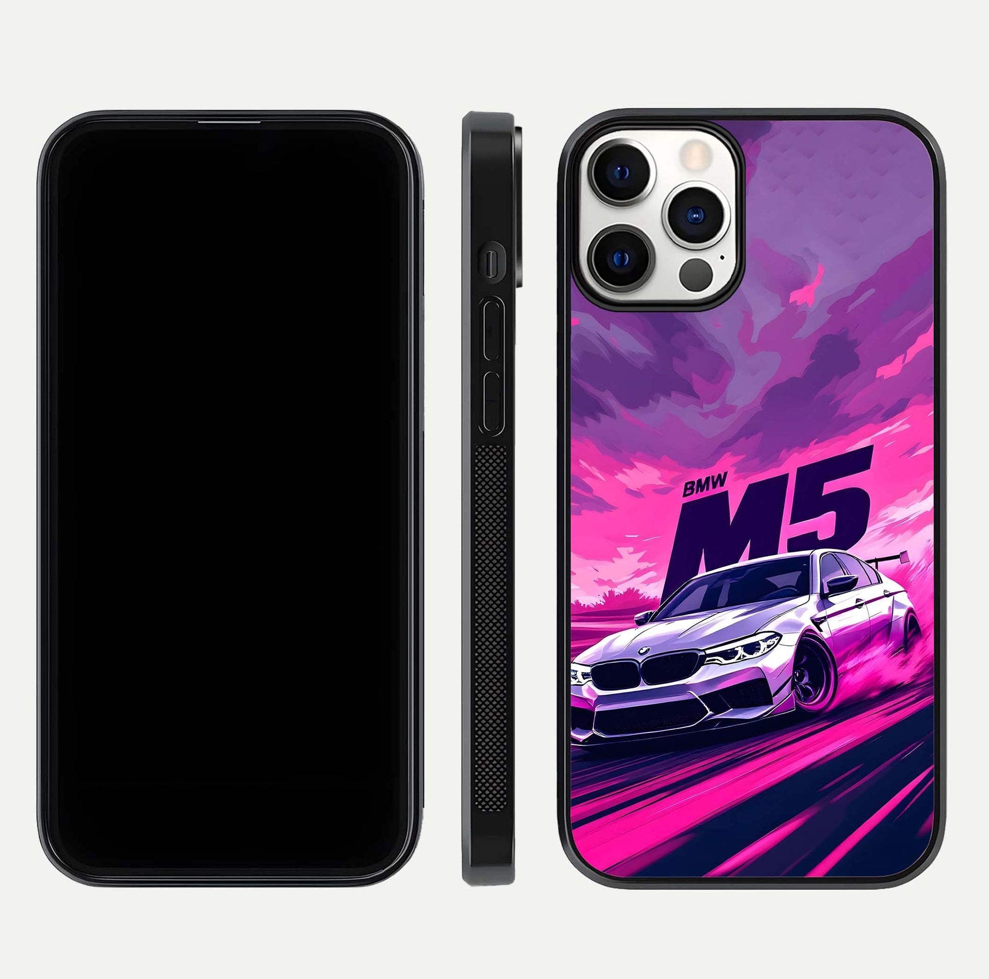 MS Neon Car Glass Case for iPhone 12 Pro front & back layout highlighting automotive art and curved design