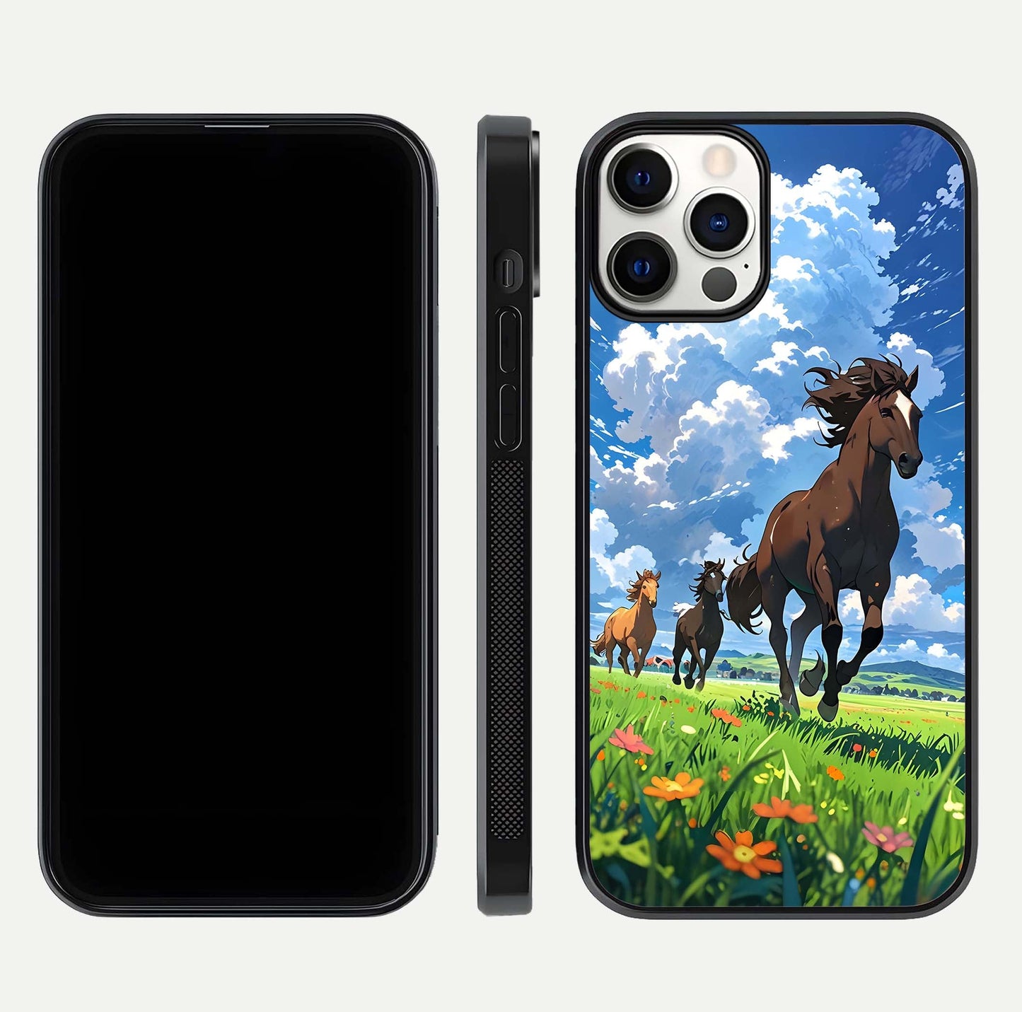 Majestic Horses Galloping Glass Case for iPhone 12 Pro front & back layout highlighting dynamic design and edges