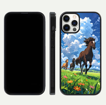 Majestic Horses Galloping Glass Case for iPhone 12 Pro front & back layout highlighting dynamic design and edges