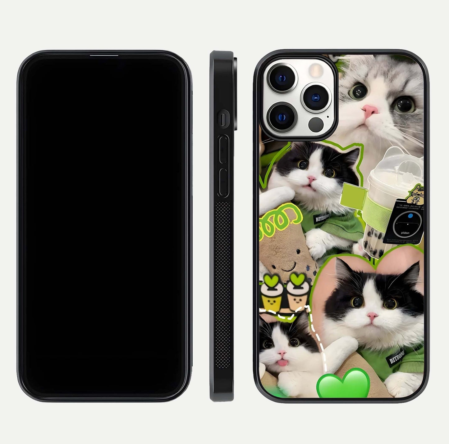 Matcha Cats Mood Glass Case for iPhone 12 Pro front & back layout highlighting cute theme and smooth edges