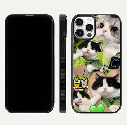 Matcha Cats Mood Glass Case for iPhone 12 Pro front & back layout highlighting cute theme and smooth edges
