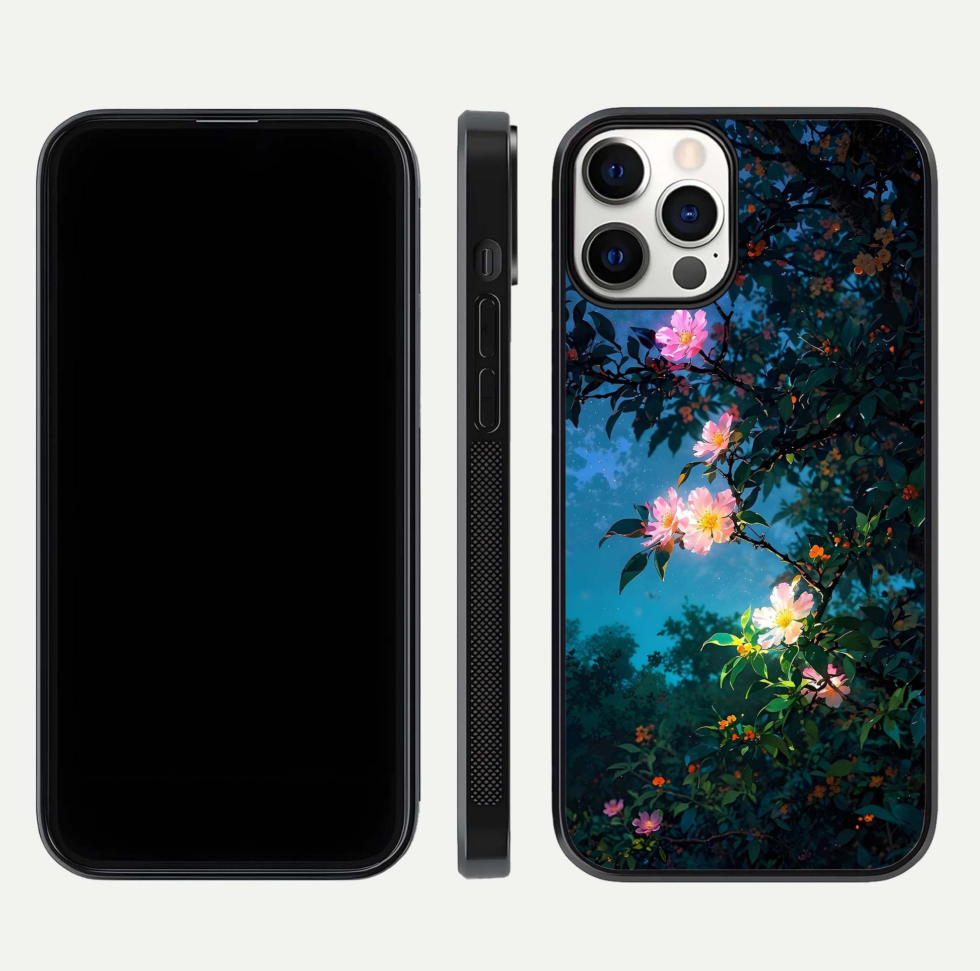 Midnight Bloom Glow Glass Case for iPhone 12 Pro front & back layout highlighting moody tones and smooth finish