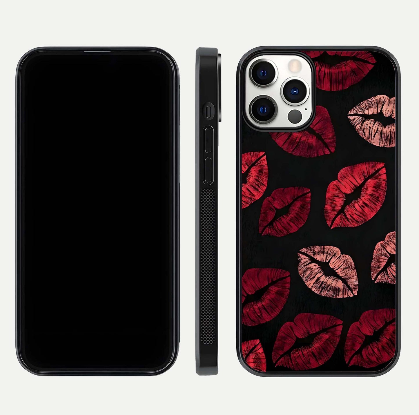 Midnight Kiss Love Glass Case for iPhone 12 Pro front & back view layout showing romantic theme and smooth curves