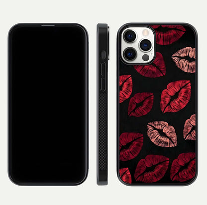 Midnight Kiss Love Glass Case for iPhone 12 Pro front & back view layout showing romantic theme and smooth curves
