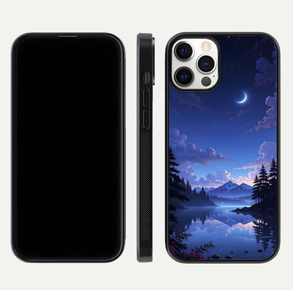 Midnight Lake Peace Glass Case for iPhone 12 Pro front & back layout highlighting calm design and curved edges