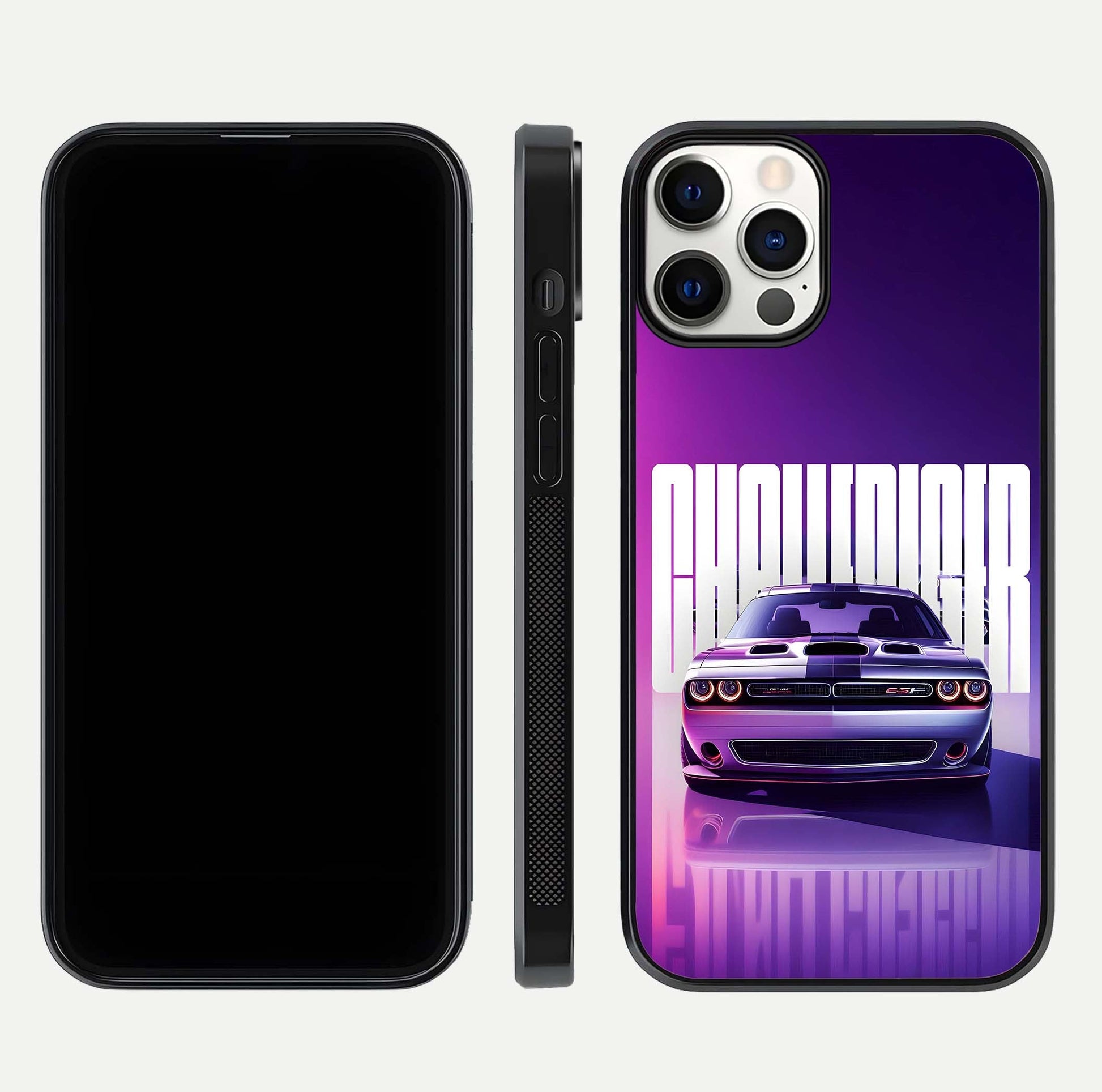 Midnight Muscle Ride Glass Case for iPhone 12 Pro front & back layout with dark automotive tones and edges