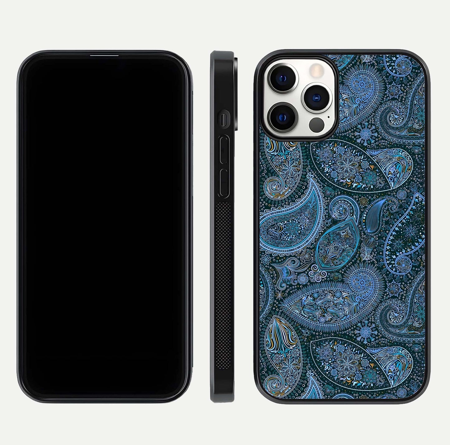 Midnight Paisley Glow Glass Case for iPhone 12 Pro front & back layout highlighting elegant edge finish