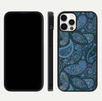 Midnight Paisley Glow Glass Case for iPhone 12 Pro front & back layout highlighting elegant edge finish