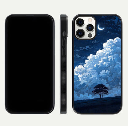 Midnight Sky Serenity Glass Case for iPhone 12 Pro front & back layout highlighting celestial art and curves