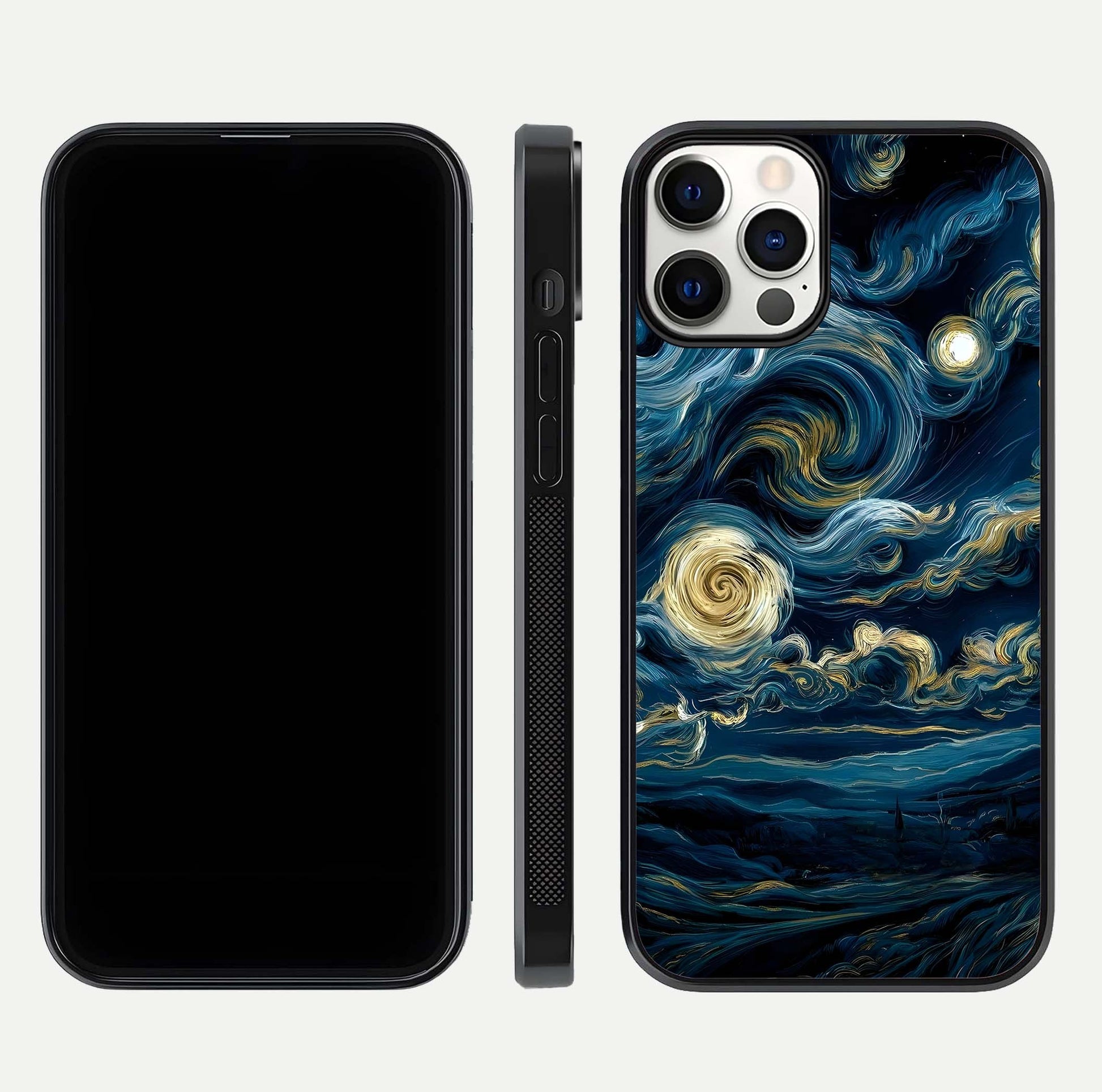 Midnight Sky Whirl Glass Case for iPhone 12 Pro front & back layout highlighting celestial movement art