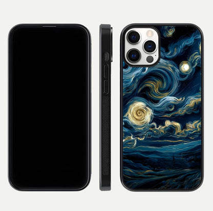 Midnight Sky Whirl Glass Case for iPhone 12 Pro front & back layout highlighting celestial movement art