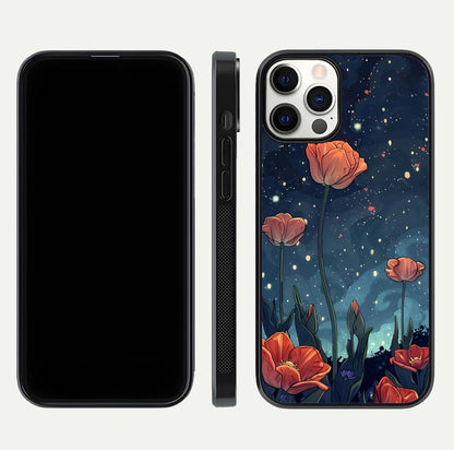 Midnight Tulip Glow Glass Case for iPhone 12 Pro front & back layout highlighting floral glow and curved edges