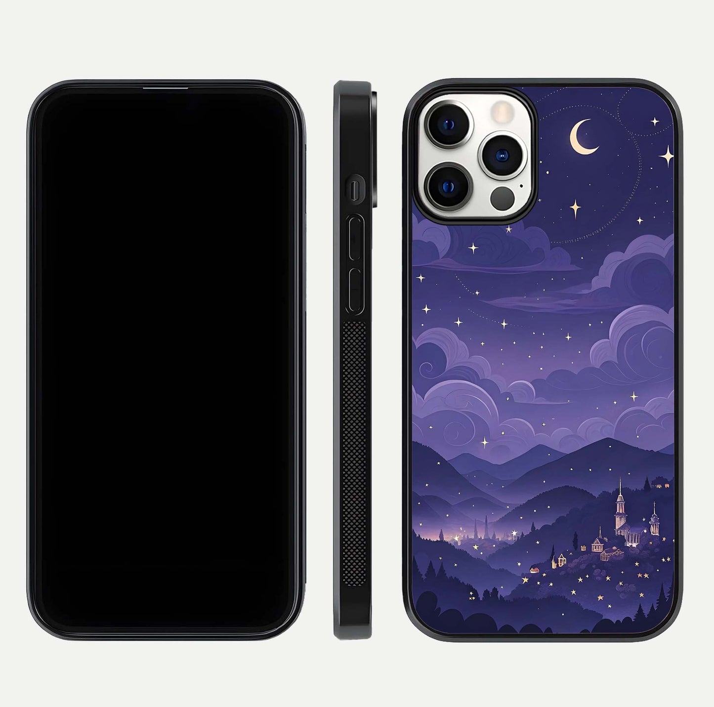 Minimal Night View Glass Case for iPhone 12 Mini front & back layout highlighting minimal night vibe and curves