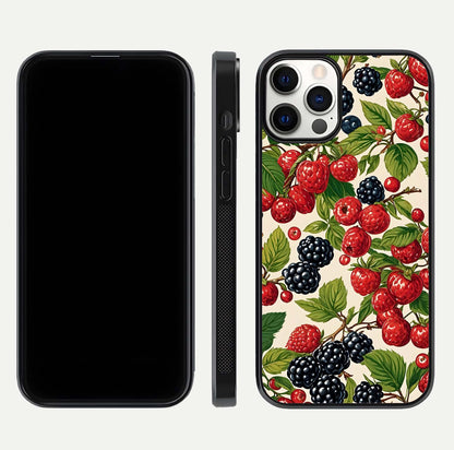 Mixed Berry Collage Glass Case for iPhone 12 Pro front & back layout highlighting colorful art and curved edges