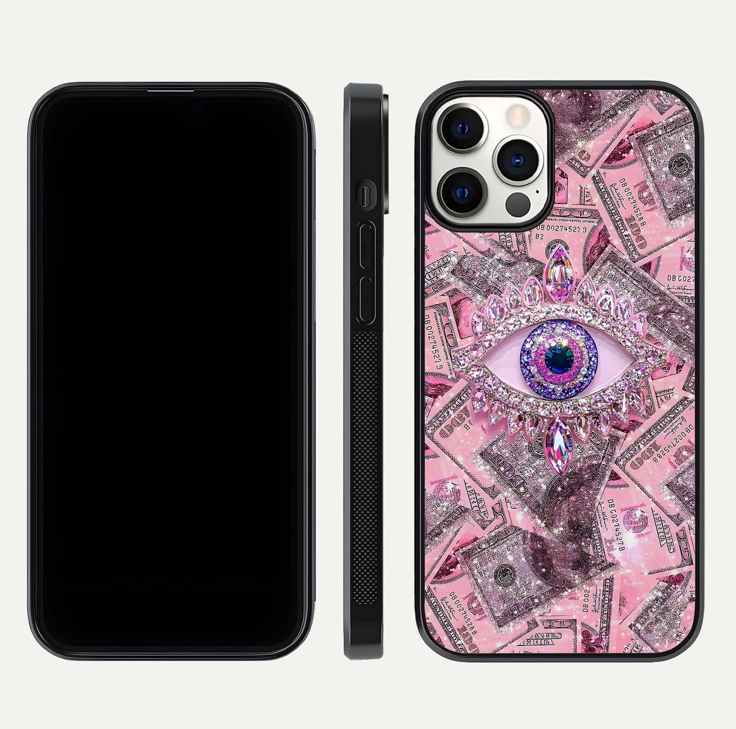 Money Eye Luxe Glass Case for iPhone 12 Pro front & back layout highlighting luxury edge design and bold art