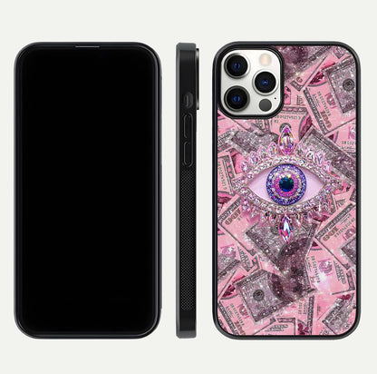 Money Eye Luxe Glass Case for iPhone 12 Pro front & back layout highlighting luxury edge design and bold art