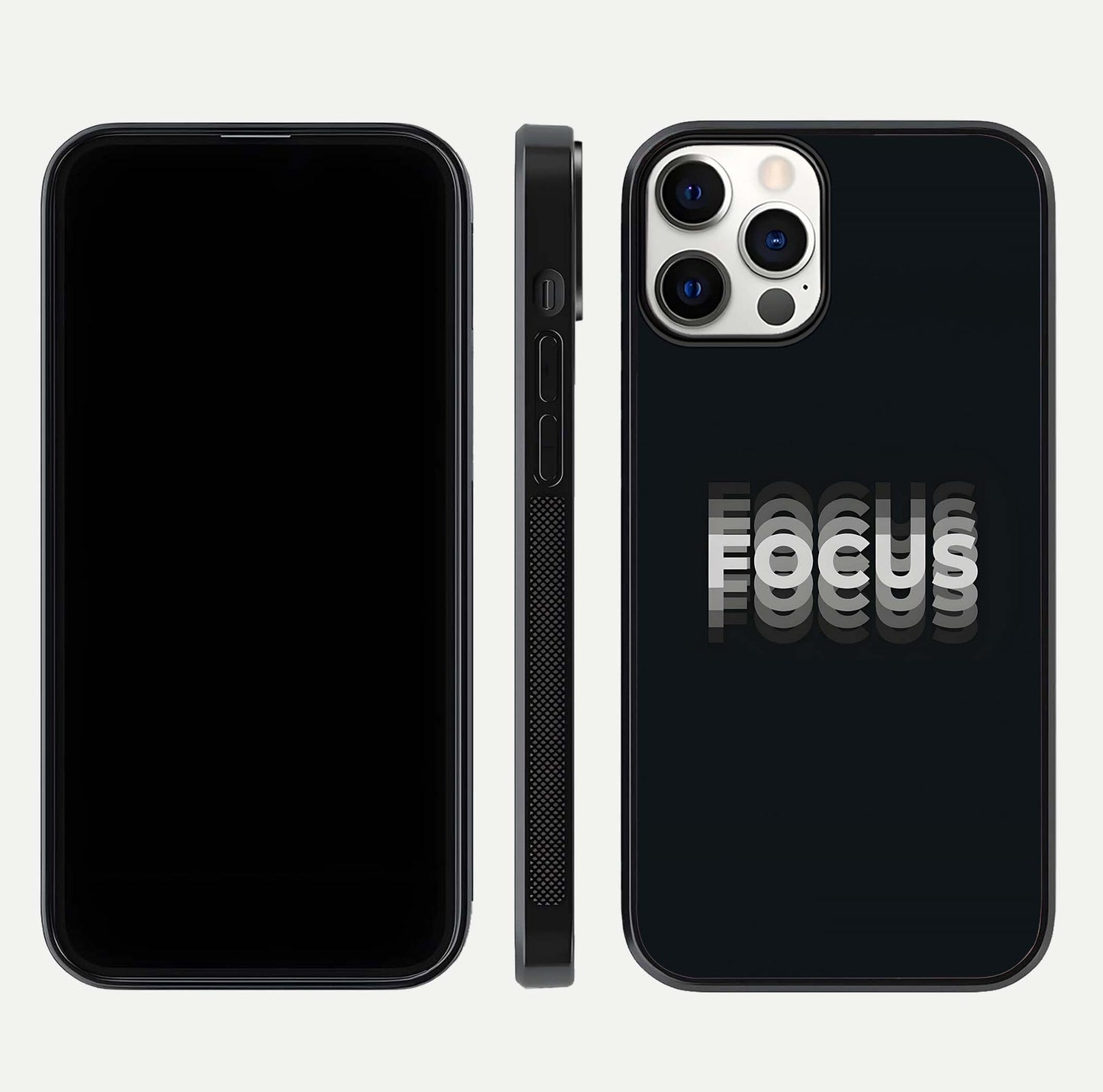 Mono Focus Vision Glass Case for iPhone 12 Mini front & back layout showing clean focus lines and curved edges