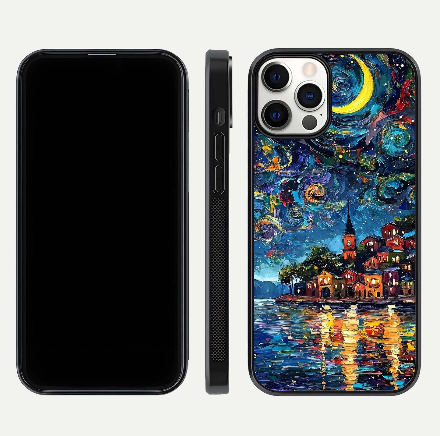 Moonlight Harbor Glow Glass Case for iPhone 12 Pro front & back layout highlighting calm harbor tones