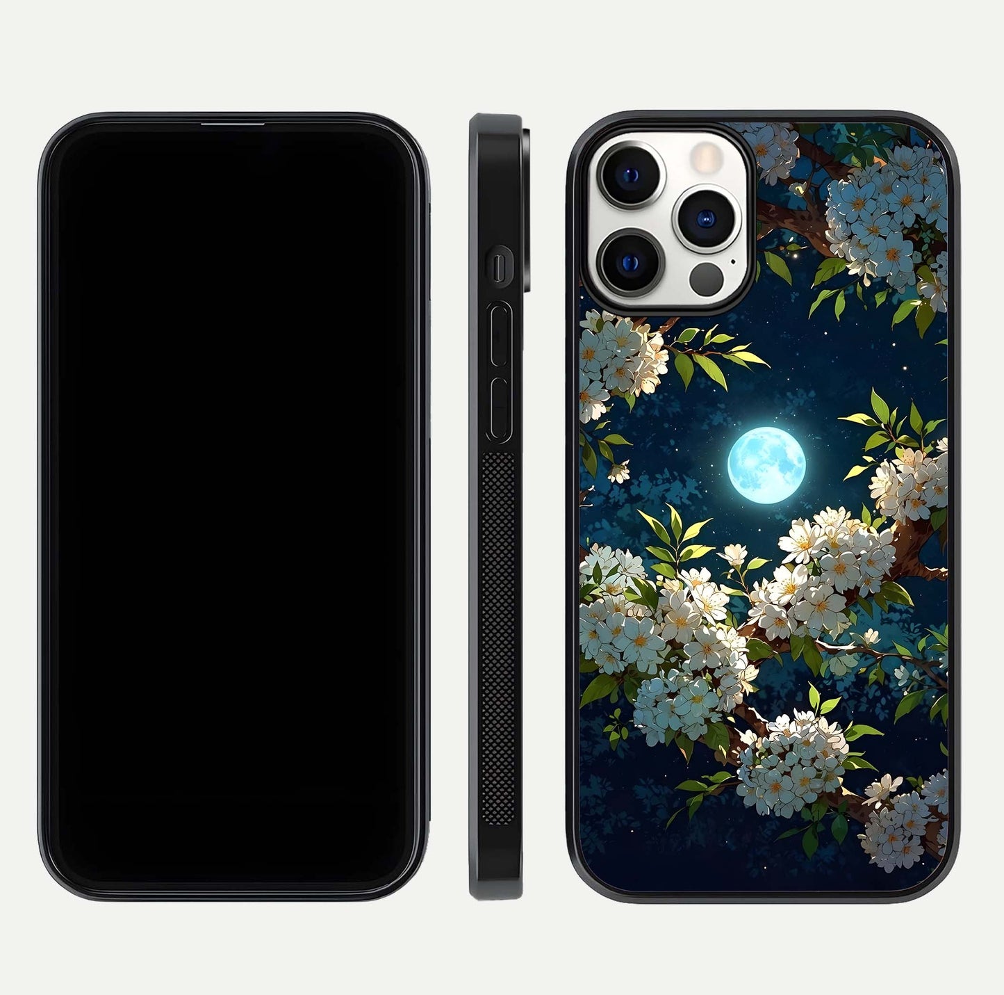 Moonlit Blossom Dream Glass Case for iPhone 12 Pro front & back layout highlighting moonlit tones and edges
