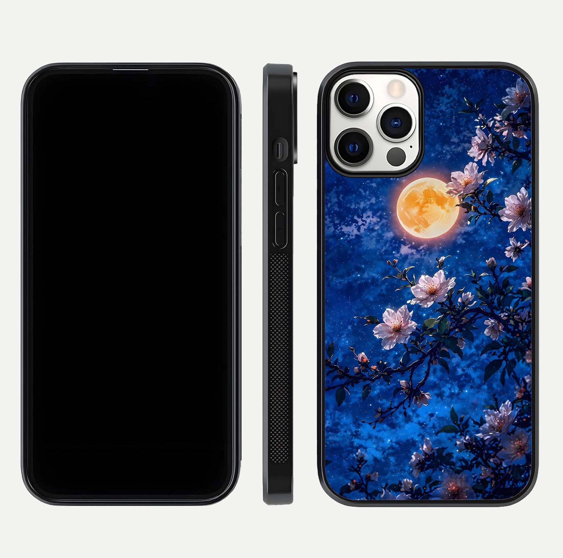 Moonlit Blossoms Night Glass Case for iPhone 12 Pro front & back layout highlighting moonlit tones and curved edges