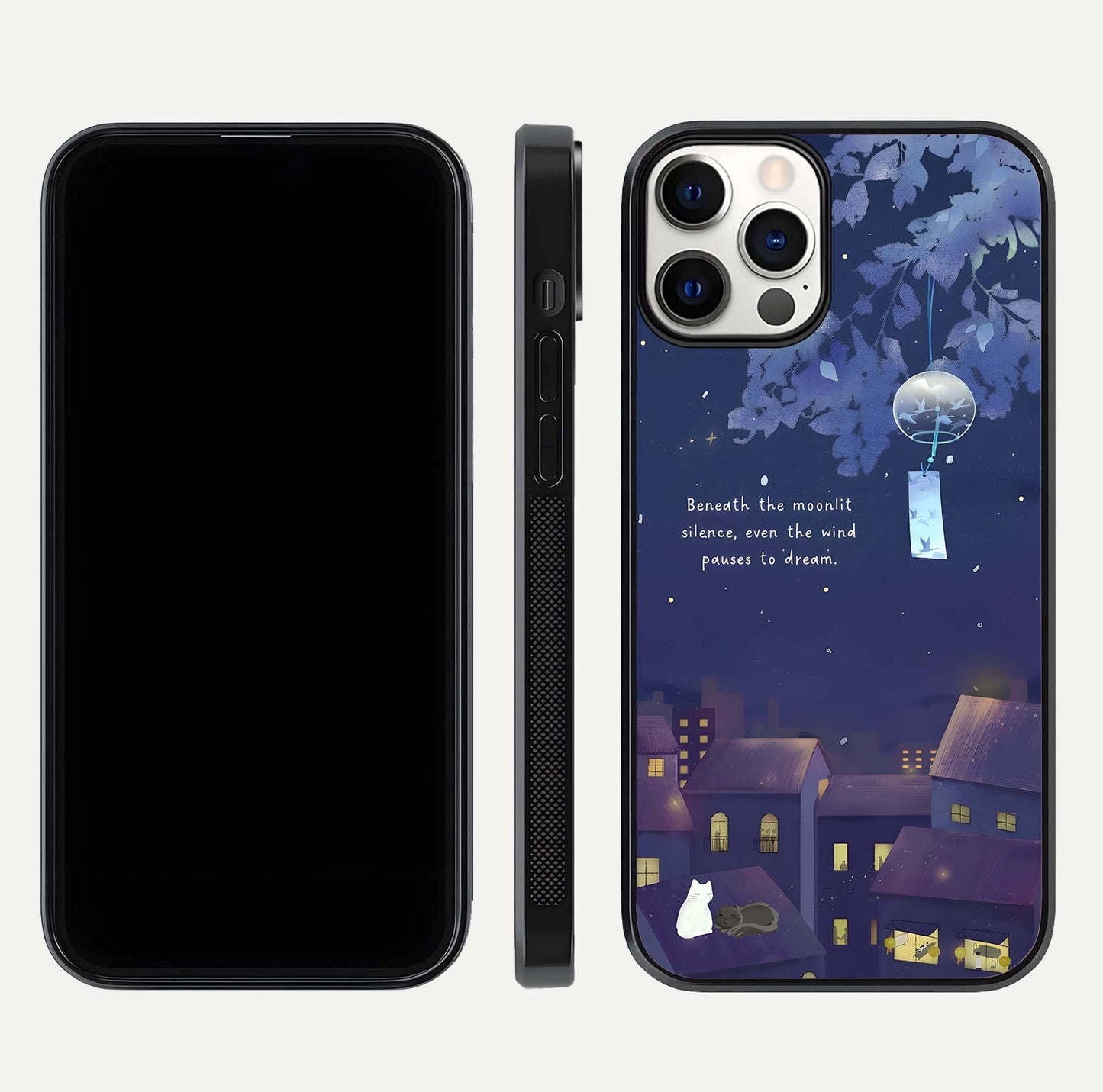 Moonlit Cat Silence Glass Case for iPhone 12 Pro front & back layout highlighting calm tones and edge detail