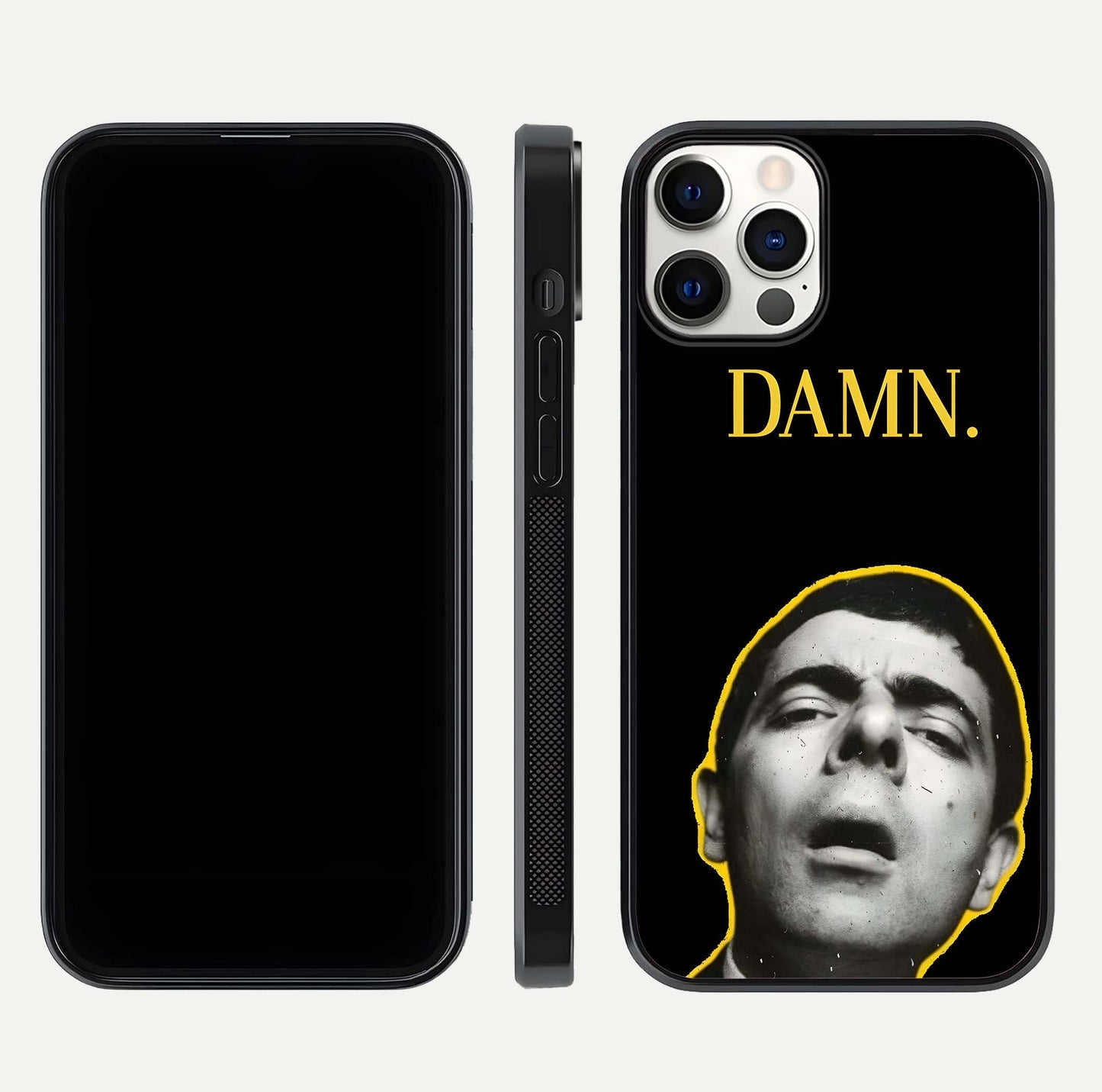 Mr Bean Damn Glass Case for iPhone 12 Pro front & back layout displaying fun artwork and curved smooth edges