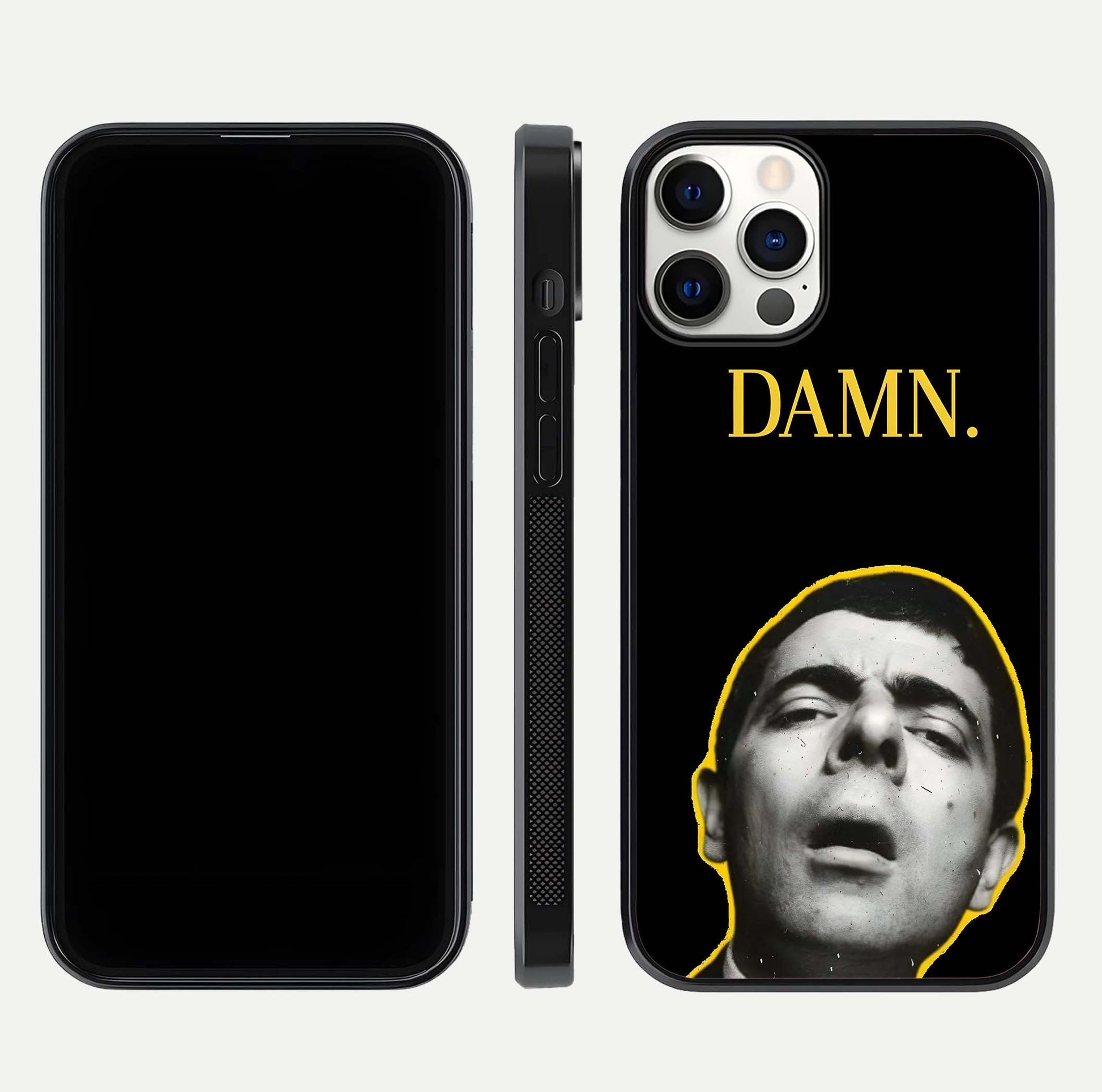 Mr Bean Damn Glass Case for iPhone 12 Pro front & back layout displaying fun artwork and curved smooth edges