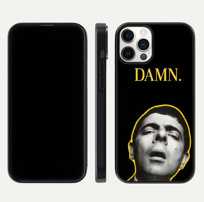 Mr Bean Damn Glass Case for iPhone 12 Pro front & back layout displaying fun artwork and curved smooth edges