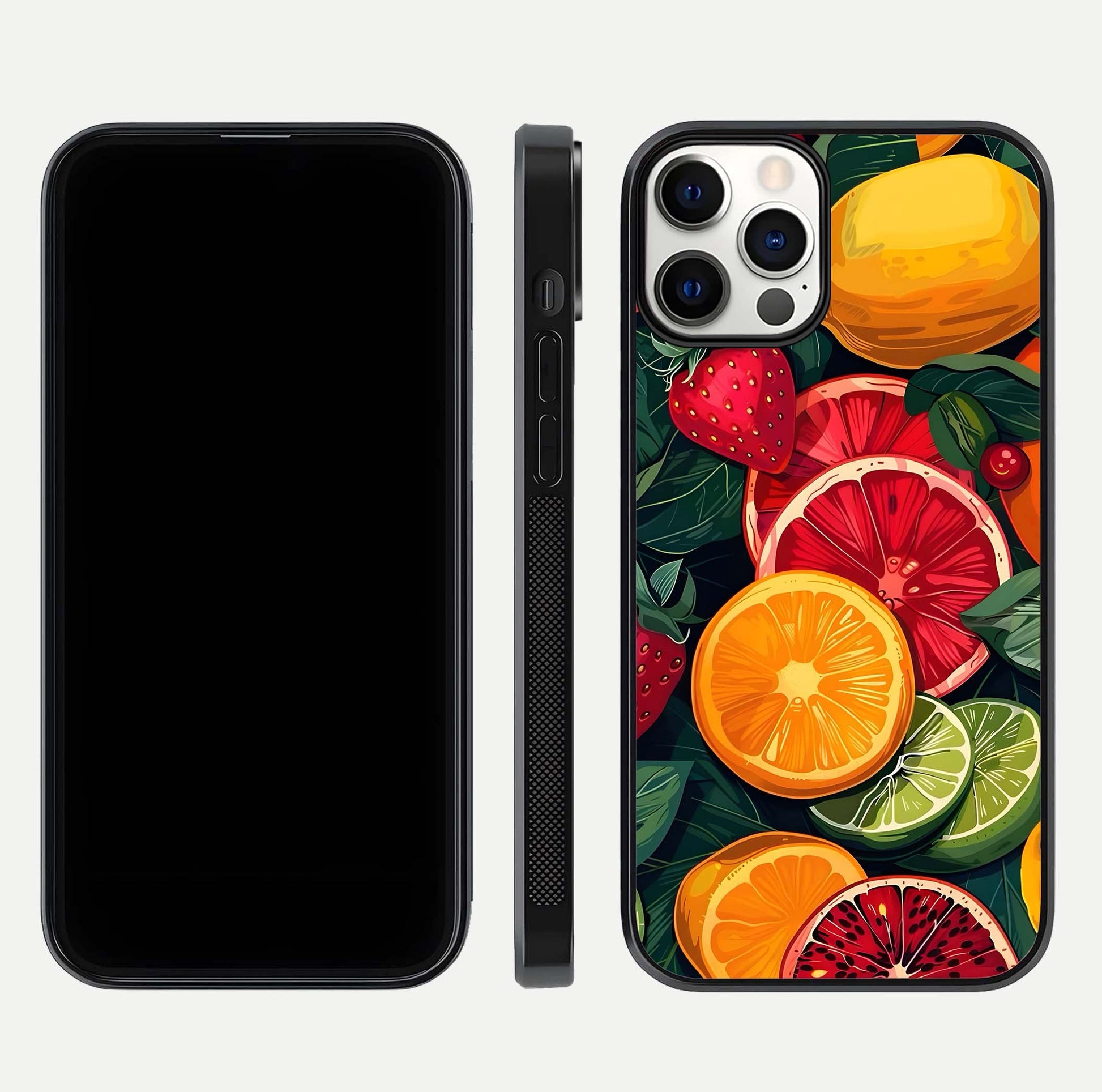 Multiple Fruits Glass Case for iPhone 12 Pro front & back layout highlighting vibrant tones and curved edges