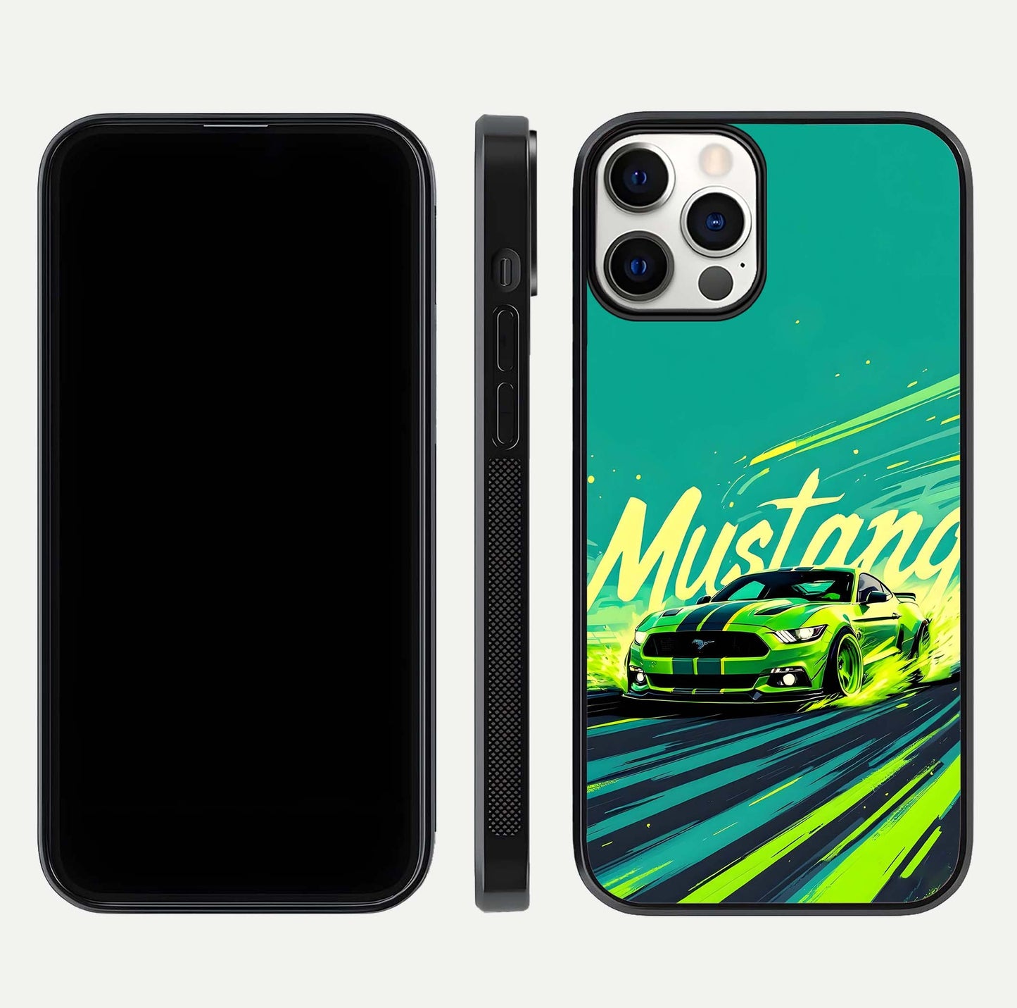 Mustang Bang Glass Case for iPhone 12 Pro front & back layout highlighting dark automotive tones and edge detail