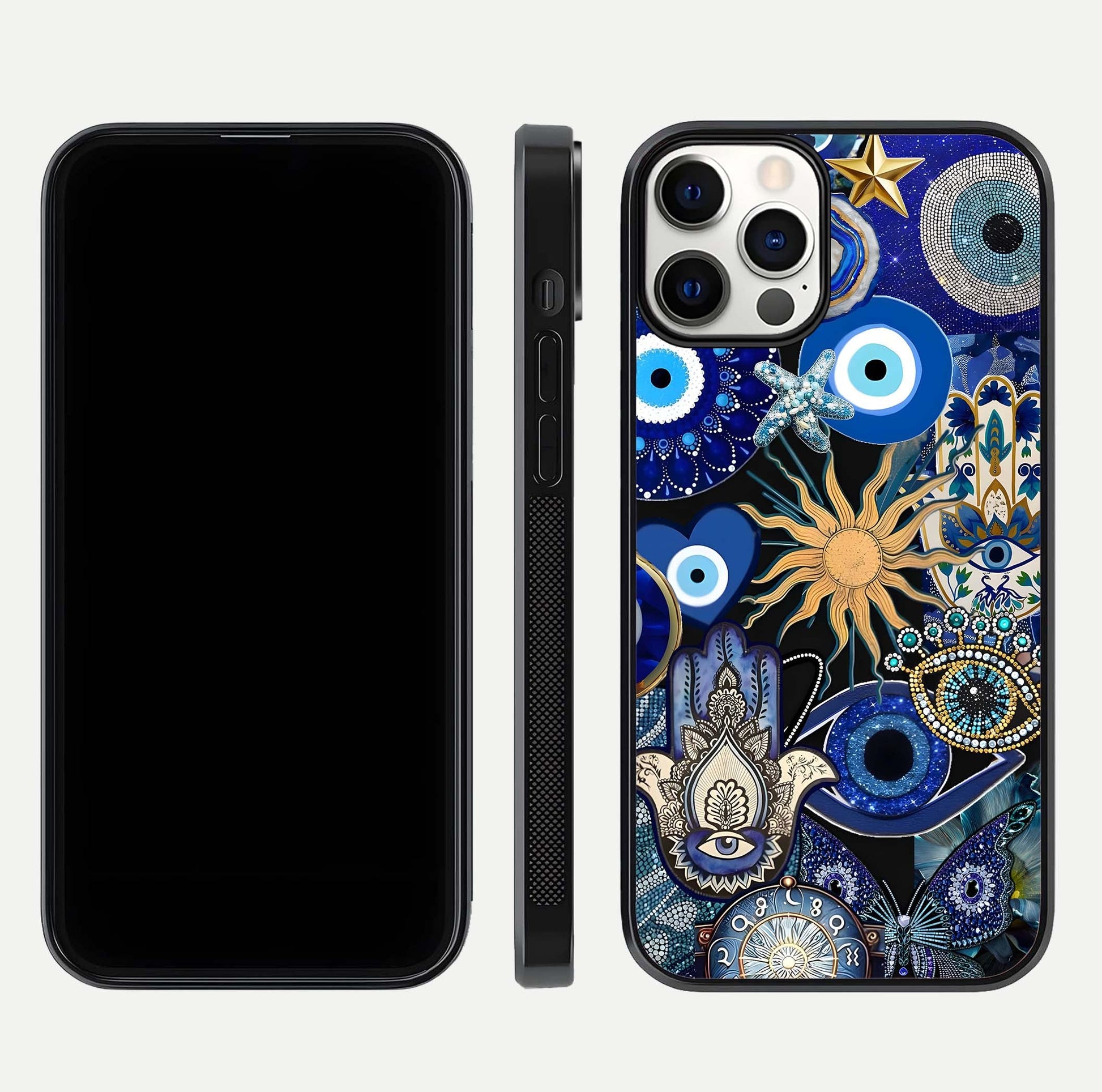 Mystic Blue Evil Eye Glass Case for iPhone 12 Pro front & back layout showing elegant tones and edge finish