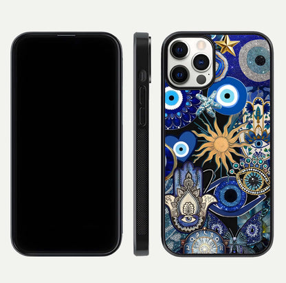 Mystic Blue Evil Eye Glass Case for iPhone 12 Pro front & back layout showing elegant tones and edge finish
