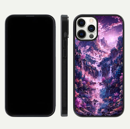 Mystic Cascade Peaks Glass Case for iPhone 12 Pro front & back layout highlighting HD landscape tones