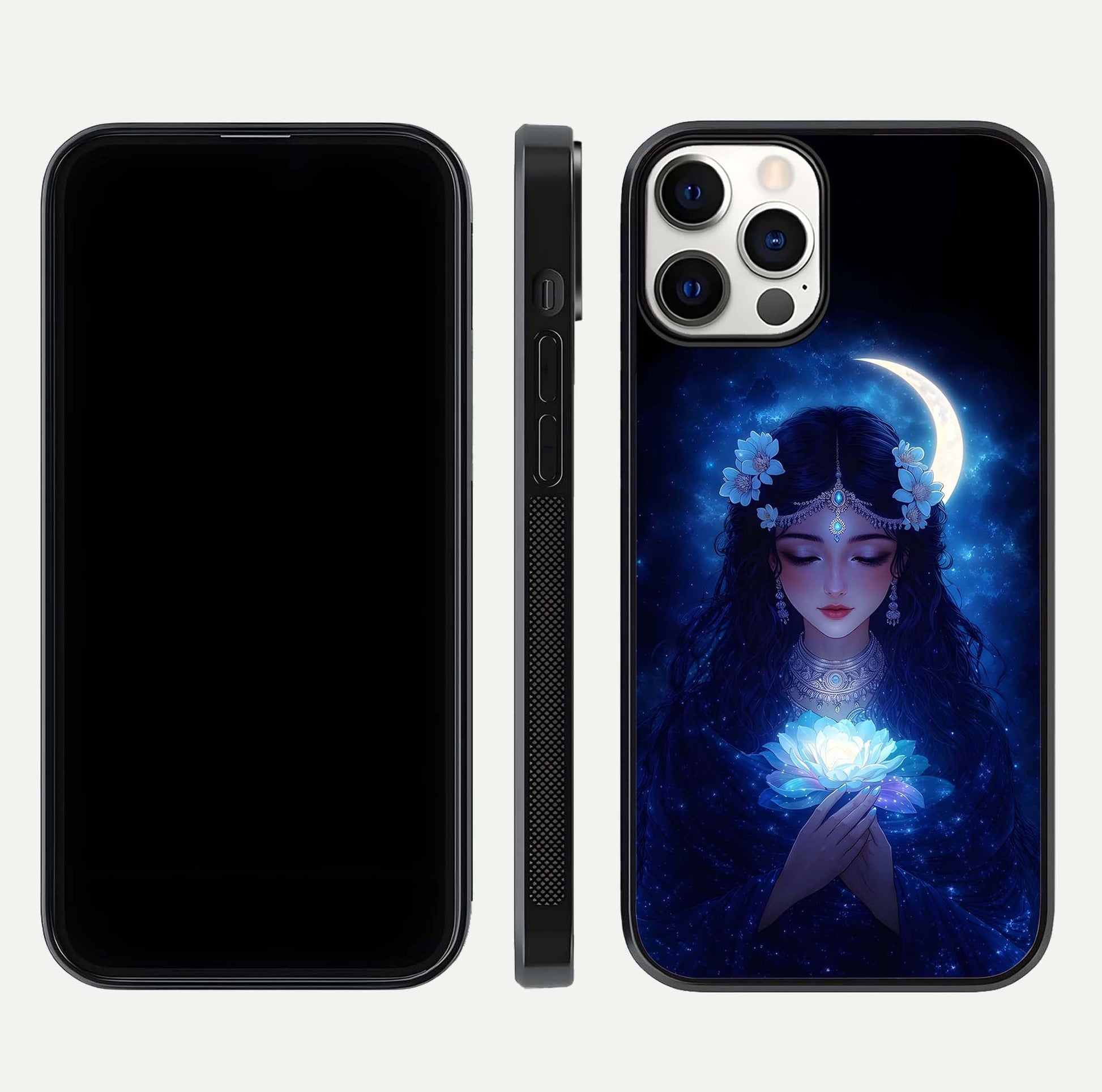 Mystic Moon Queen Glass Case for iPhone 12 Pro front & back layout highlighting divine illustration and edges