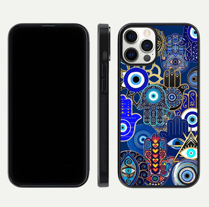 Mystic Palm Guard Glass Case for iPhone 12 Pro front & back layout highlighting spiritual art and edge finish