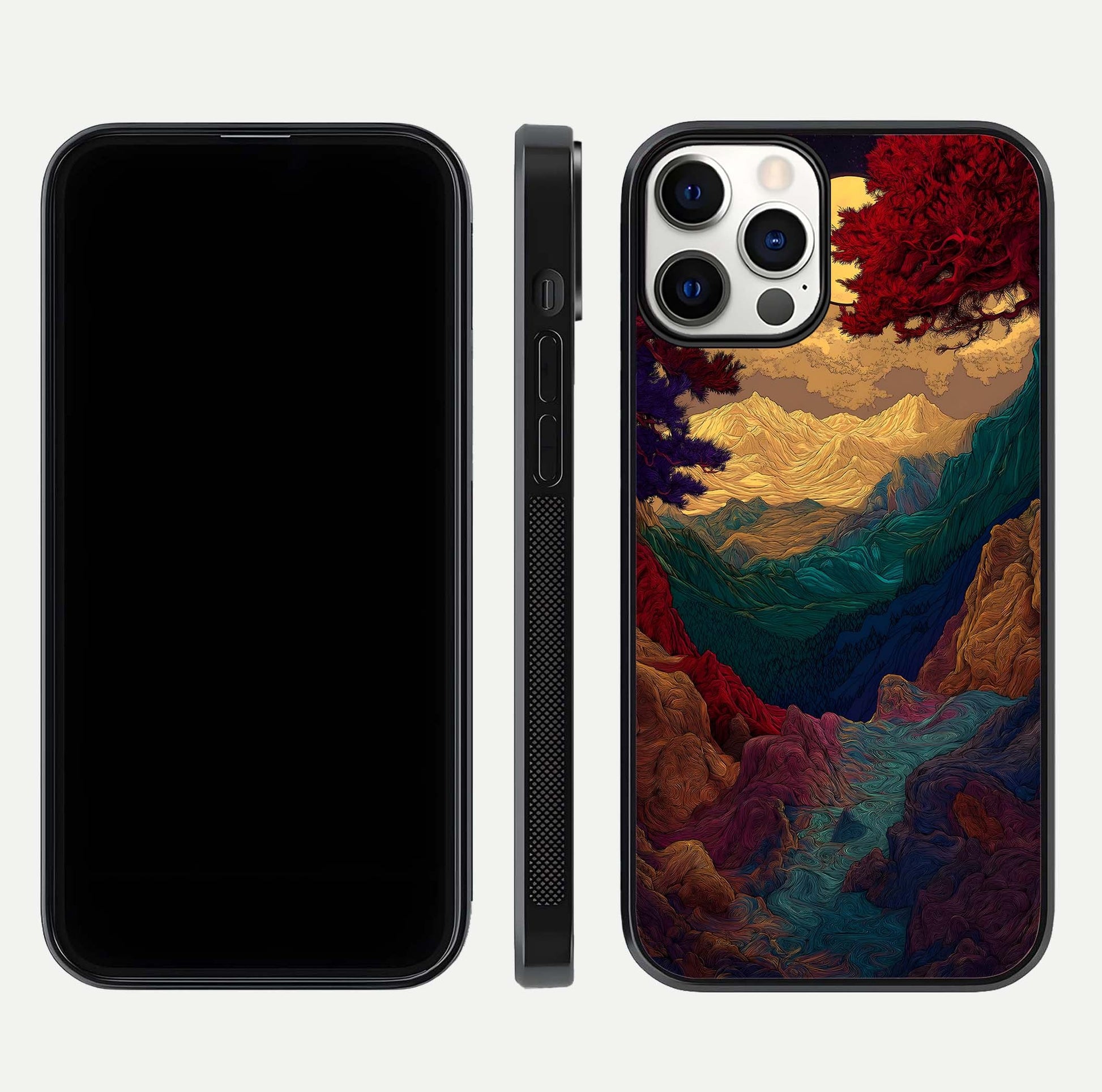 Mystic Valley Light Glass Case for iPhone 12 Pro front & back layout displaying landscape tones and edges