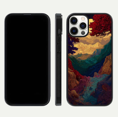 Mystic Valley Light Glass Case for iPhone 12 Pro front & back layout displaying landscape tones and edges