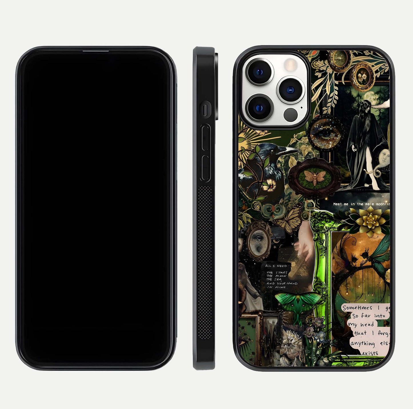 Mystic Woods Secret Glass Case for iPhone 12 Pro front & back layout showing nature theme and smooth edges