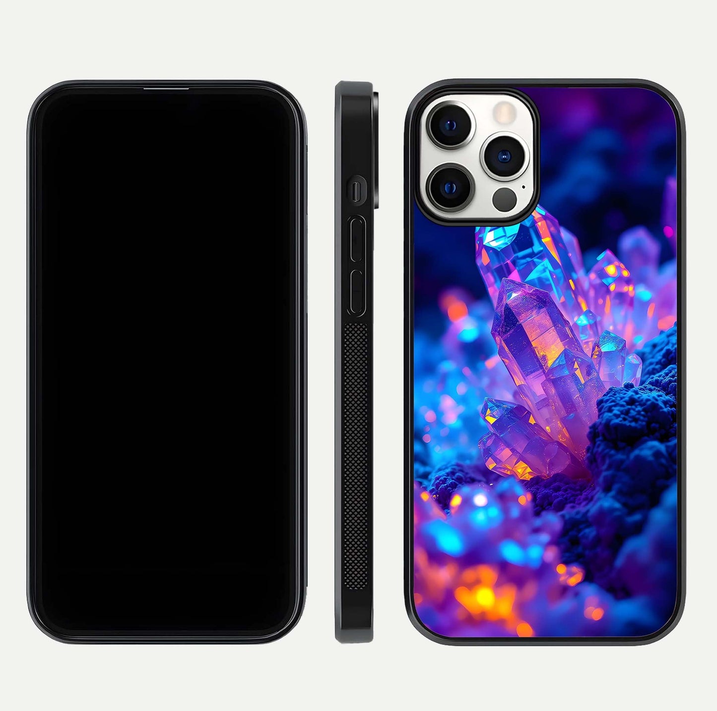 Neon Aura Shards Glass Case for iPhone 12 Pro front & back layout showing vivid tones and edge finish